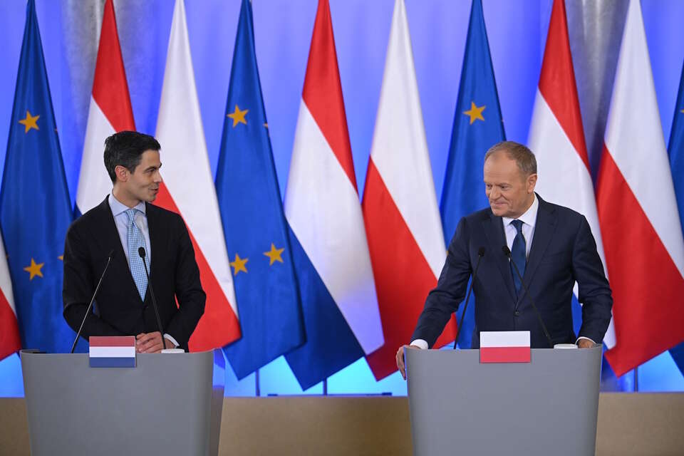 Na zdjęciu premier Holandii Rob Jetten oraz Donald Tusk / autor: PAP/Marcin Obara