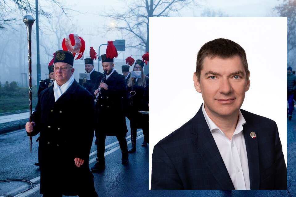 Na zdj. w tle barbórkowa pobudka Orkiestry Dętej KWK "Wieczorek" - przemarsz orkiestry górniczej ulicami osiedla Nikiszowiec w Katowicach / autor: PAP/Jarek Praszkiewicz, fot.Adam Gorszanów