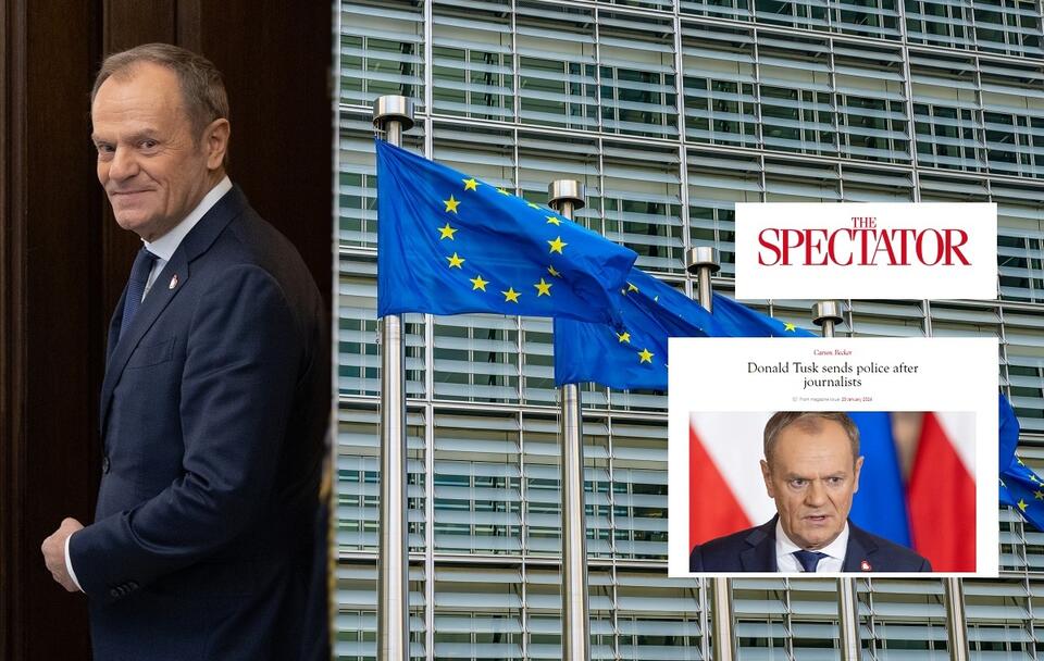 Premier, lider PO Donald Tusk; flagi UE i screen z tekst "The Spectator" / autor: Fratria/spectator.co.uk