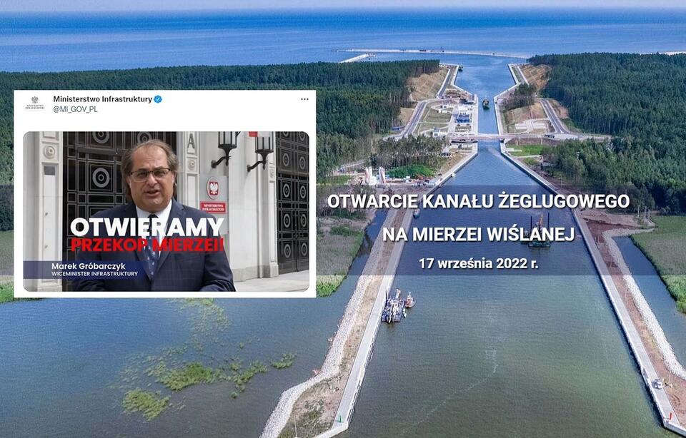 Zapowiedź otwarcia Kanału Żeglugowego przez Mierzeję Wiślaną / autor: Twitter/Ministerstwo Infrastruktury; otwarcie-mierzei.pl