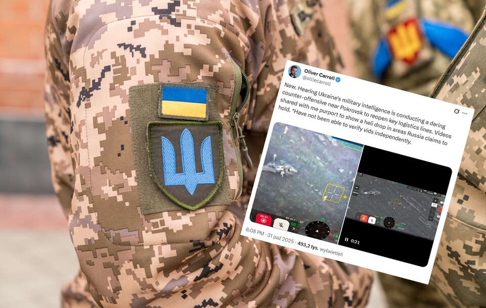 w tle zdjęcie ilustracyjne - ukraiński mundur. W miniaturze screen z wpisu dziennikarza magazynu „The Economist” Olivera Carrola, nagranie pokazuje desant ukraińskich sił specjalnych  / autor: Fratria, X/ Oliver Carroll