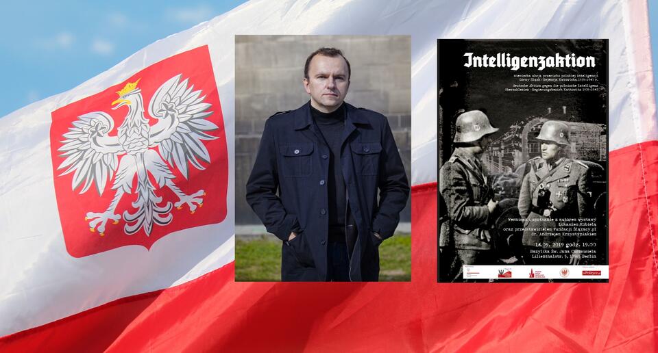 Od prawej: Plakat wystawy, dr. Andrzej Krzystyniak