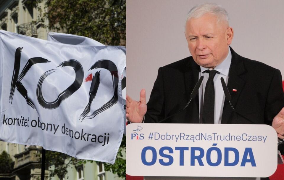 Flaga KOD/ Prezes PiS podczas spotkania w Ostródzie / autor: Fratria; PAP/Tomasz Waszczuk