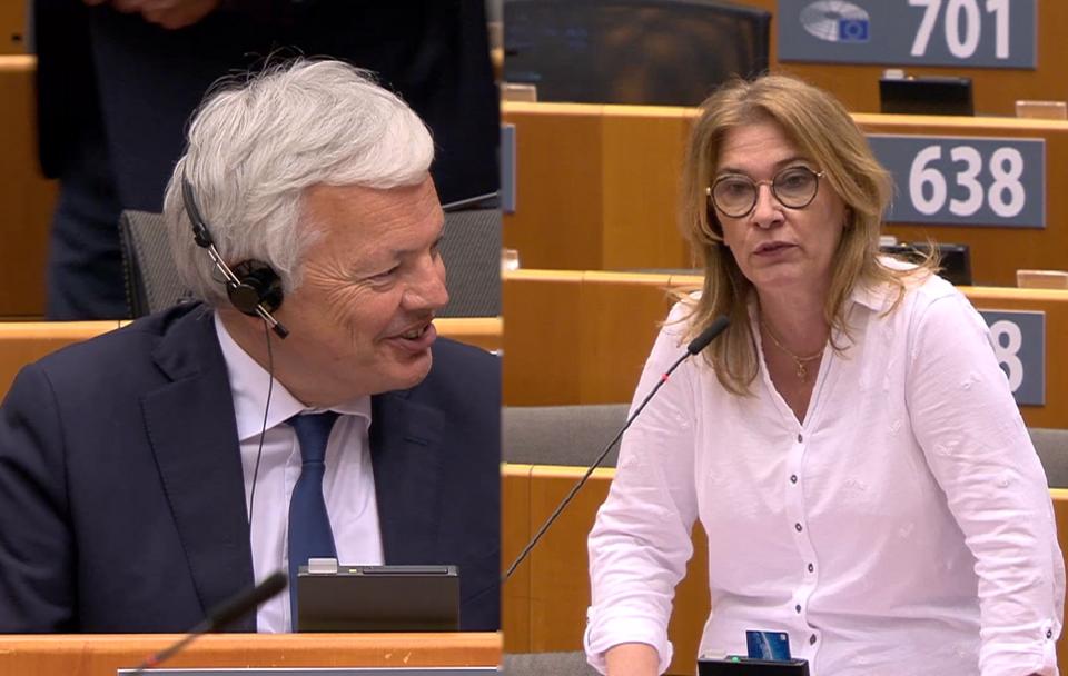 Unijny komisarz sprawiedliwości Didier Reynders, europoseł PiS Beata Mazurek podczas debaty w PE / autor: screen/europarl.europa.eu