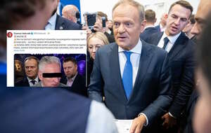 Donald Tusk podczas inauguracji kongresu Impact'26 w Poznań Congress Center oraz wpis Szymona Jadczaka (screen z X) / autor: PAP/Jakub Kaczmarczyk/X-Szymon Jadczak (screen)