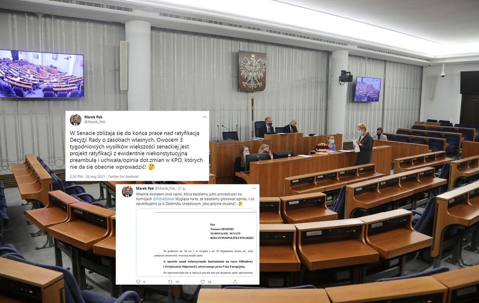 Posiedzenie Senatu - zdj. ilustracyjne / autor: PAP/Wojciech Olkuśnik; Twitter/Marek Pęk