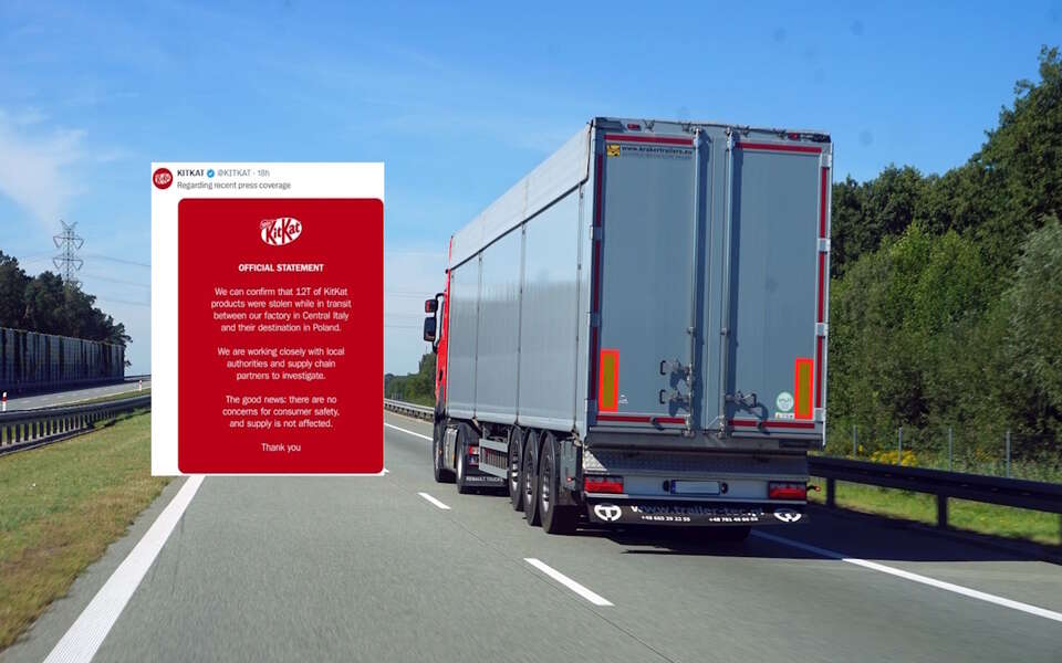 Na zdjęciu poglądowym ciężarówka na trasie szybkiego ruchu oraz oświadczenie KitKat (screen z X) / autor: Fratria/X-KitKat (screen)