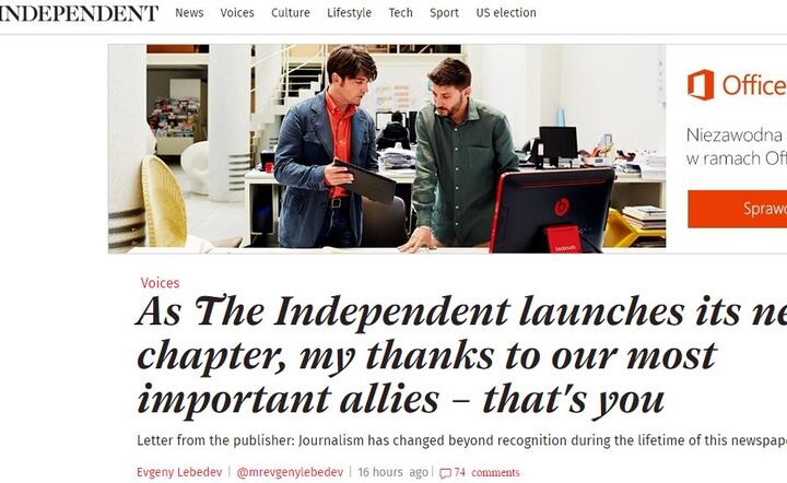 Od przyszłego tygodnia "The Independent" będzie ukazywał się wyłacznie jako gazeta internetowa, o czym anonsuje w sobotę w sieci w liście współwłaściciel Jewgienij Lebiediew 
