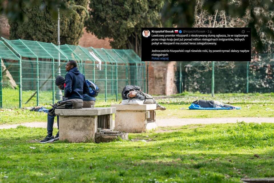 Nielegalni migranci oraz wpis Krzysztofa Bosaka z portalu X / autor: Fratria/X-Krzysztof Bosak