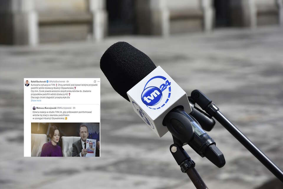 Na zdjęciu mikrofon TVN24 oraz wpis Rafała Bochenka (screen z X) / autor: Fratria/X-Rafał Bochenek (screen)