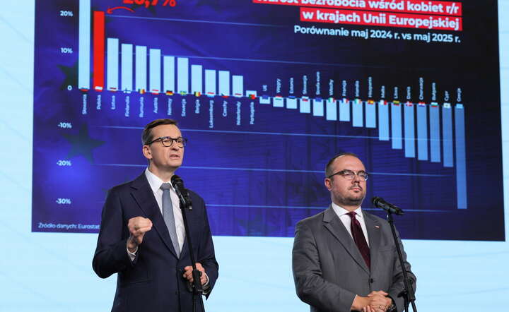 Wiceprzewodniczący Prawa i Sprawiedliwości Mateusz Morawiecki (L) i poseł PiS Paweł Jabłoński (P) podczas konferencji prasowej w siedzibie PiS  / autor: PAP/Paweł Supernak