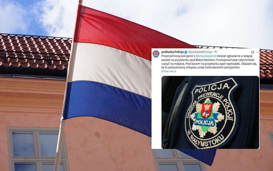 Flaga Holandii oraz wpis Podlaskiej Policji (screen z X) / autor: Fratria/X-podlaska Policja (screen)
