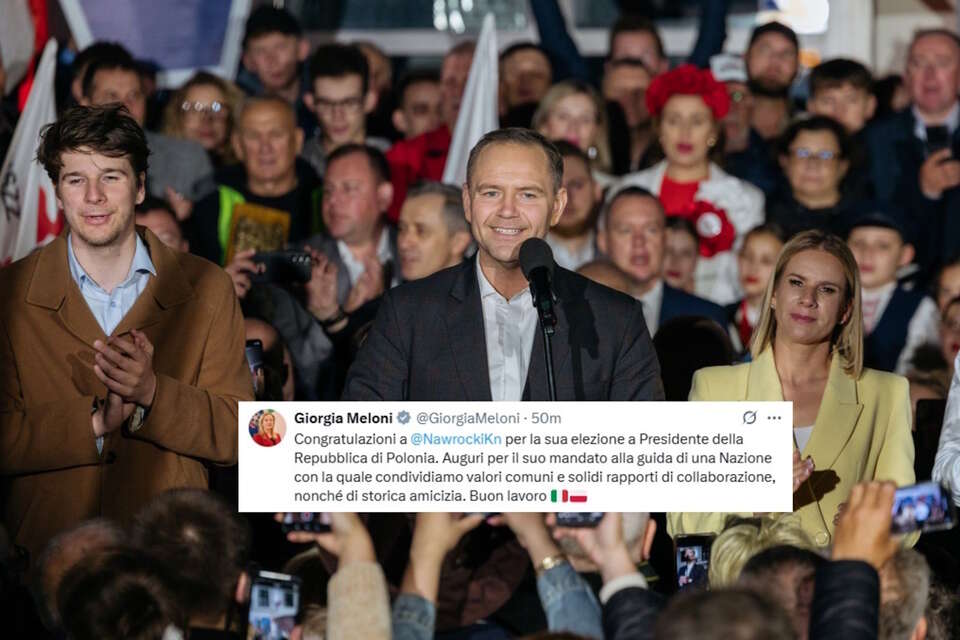 Wcześniej gratulacje Nawrockiemu przekazał wicepremier Włoch Salvini / autor: X-Nawrocki2025/X-Giorgia Meloni, screen