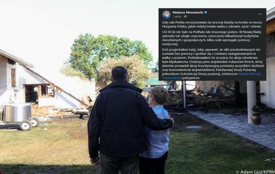 Premier Mateusz Morawiecki na miejscu wczorajszego pożaru we wsi Nowa Biała  / autor: Facebook/Mateusz Morawiecki (screenshot); Adam Guz/KPRM