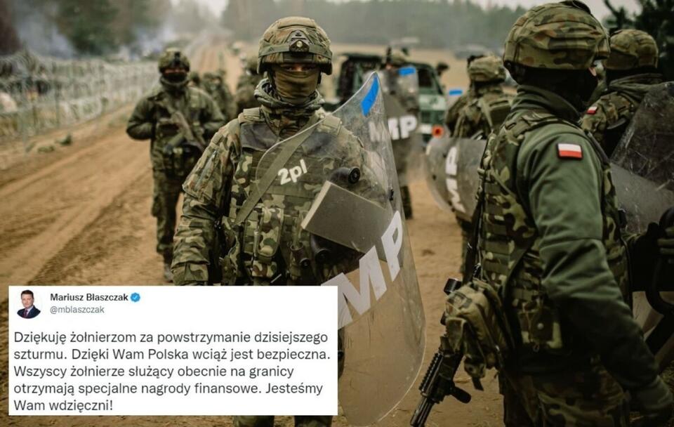 Szef MON podziękował żołnierzom za powstrzymanie szturmu / autor: PAP/Irek Dorożański/Dowództwo Wojsk Obrony Terytorialnej; Twitter/Mariusz Błaszczak (screenshot)