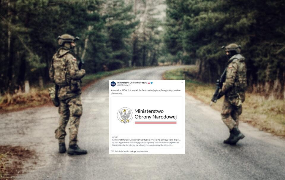 Na zdj. żołnierze Wojsk Obrony Terytorialnej przy granicy polsko-białoruskiej; w miniaturze komunikat MON / autor: DWOT; Twitter/MON
