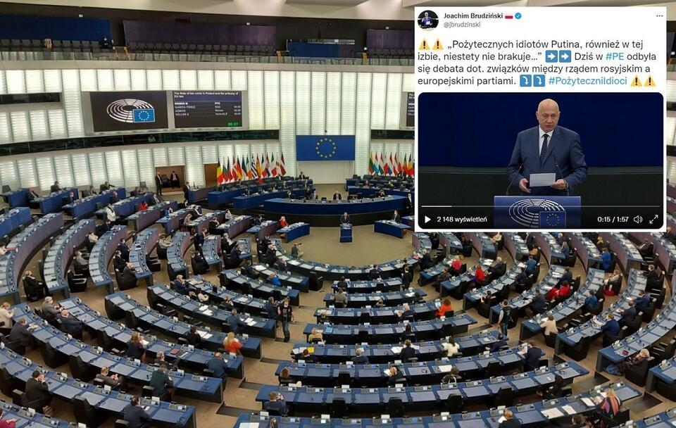 Sala plenarna Parlamentu Europejskiego; Wpis z Twittera Joachima Brudzińskiego / autor: Fratria; Twitter/Joachim Brudziński (screenshot)