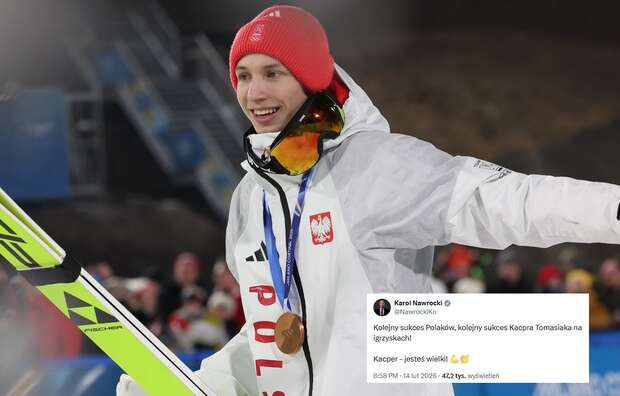 Kacper Tomasiak (brązowy medal) podczas dekoracji po konkursie skoków narciarskich na dużej skoczni w Predazzo / autor: PAP/Grzegorz Momot, X/Karol Nawrocki