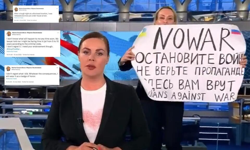 Protest Mariny Owsiennikowej w programie na żywo / autor: Screen Twitter/@nexta_tv