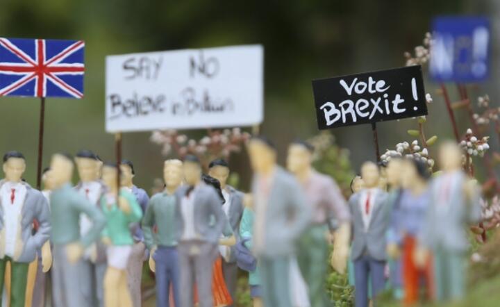 Figurki demonstrujących Brytyjczyków w kampanii przed referendum w Parku Miniatur w Brukseli, fot. PAP/EPA/OLIVIER HOSLET 