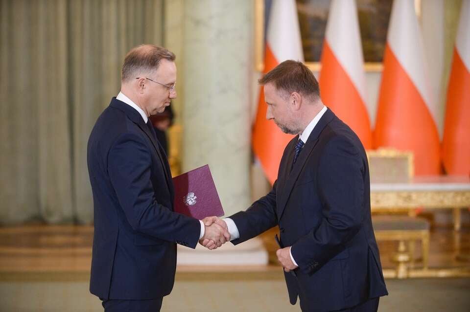 Prezydent RP Andrzej Duda i powołany na ministra - członka Rady Ministrów, pełnomocnika rządu ds. odbudowy po powodzi Marcin Kierwiński / autor: 	PAP/Marcin Obara