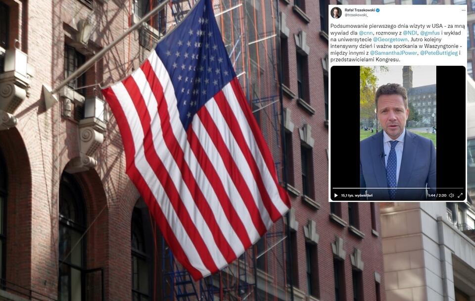 Flaga amerykańska; screen z Twittera / autor: Fratria; Twitter/Rafał Trzaskowski (screenshot)