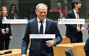 Na zdjęciu Donald Tusk w Brukseli oraz wpisy z portalu X (screeny) / autor: PAP/Wiktor Dąbrowski/X (screeny)