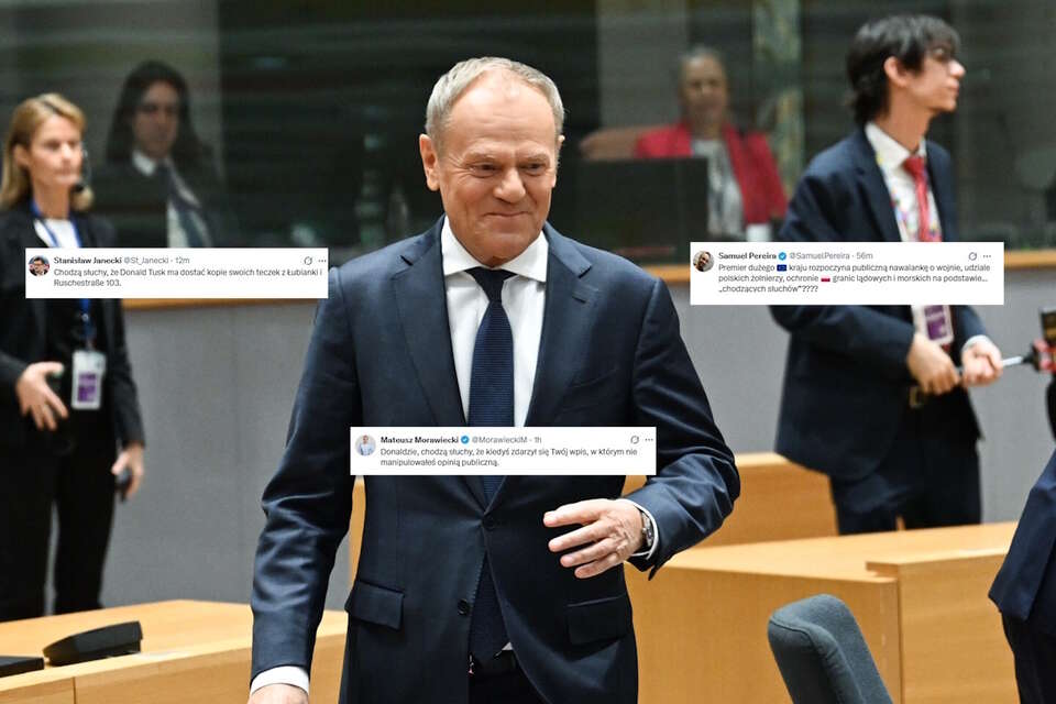 Na zdjęciu Donald Tusk w Brukseli oraz wpisy z portalu X (screeny) / autor: PAP/Wiktor Dąbrowski/X (screeny)