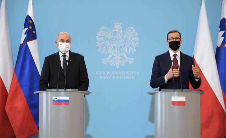Premier RP Mateusz Morawiecki oraz premier Słowenii Janez Jansa / autor: PAP/Marcin Obara
