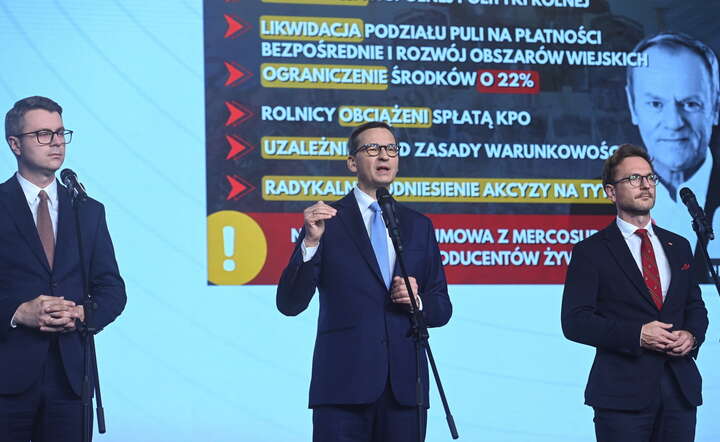Wiceprzewodniczący Prawa i Sprawiedliwości Mateusz Morawiecki (C) oraz europosłowie partii Piotr Mueller (L) i Waldemar Buda (P) podczas konferencji prasowej w siedzibie PiS  / autor: PAP/Piotr Nowak
