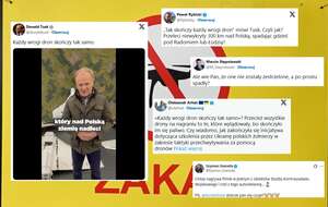 Donald Tusk odgrażał się na tle szczątków dronów / autor: Fratria / X
