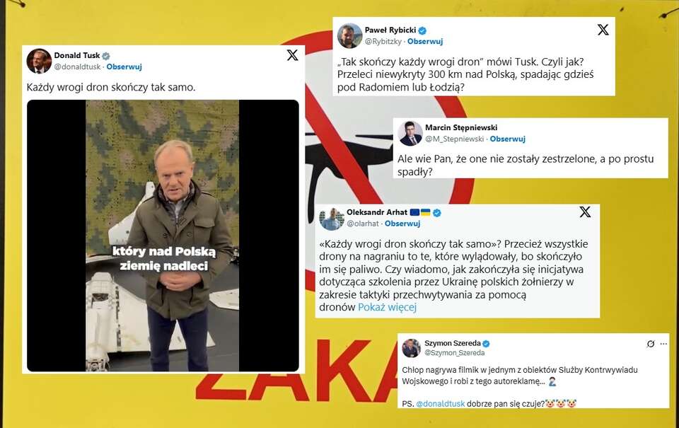 Donald Tusk odgrażał się na tle szczątków dronów / autor: Fratria / X