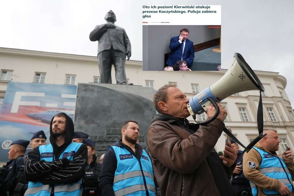 Arkadiusz Szczurek pod pomnikiem śp.  prof. Lecha Kaczyńskiego w Warszawie oraz artykuł portalu wPolityce.pl / autor: PAP/Paweł Supernak/wPolityce
