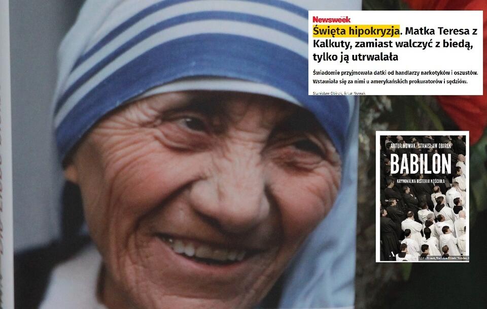 Św. Matka Teresa z Kalkuty;  screen z publikacji w Newsweeku i okładka najnowszej książki S.Obirka i A.Nowaka / autor: Fratria/onet.pl