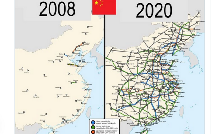 rozwój szybkich kolei w Chinach w latach 2008-2020 / autor: Alvin Foo/ Twitter