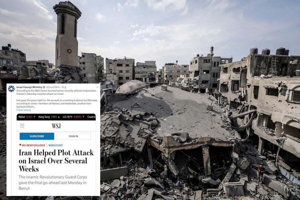 gruzy meczetu zniszczonego po izraelskich nalotach w mieście Gaza / autor: PAP/EPA/MOHAMMED SABER / twitter.com/IsraelMFA