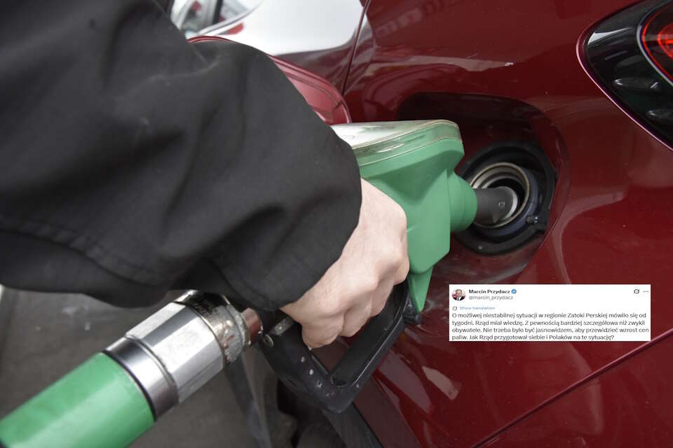 Na zdjęciu osoba tankuje samochód oraz wpis Marcina Przydacza (screen z X) / autor: Fratria/X-Marcin Przydacz (screen)