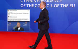 Na zdjęciu Donald Tusk podczas spotkania UE na Cyprze oraz wpis prof. Sławomira Cenckiewicza na portalu X (screen) / autor: PAP/EPAX-Sławomir Cenckiewicz (screen)