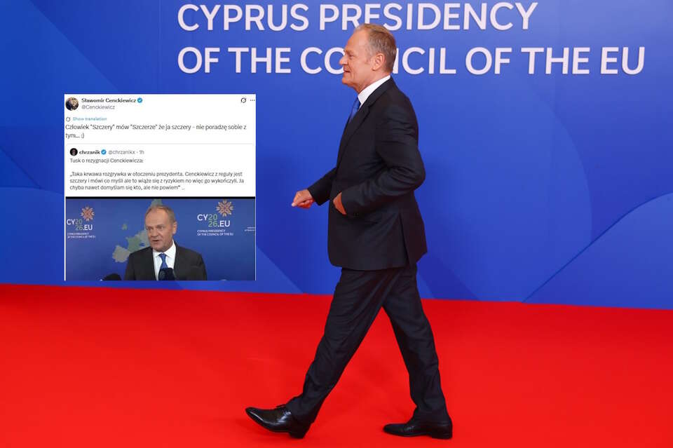 Na zdjęciu Donald Tusk podczas spotkania UE na Cyprze oraz wpis prof. Sławomira Cenckiewicza na portalu X (screen) / autor: PAP/EPAX-Sławomir Cenckiewicz (screen)