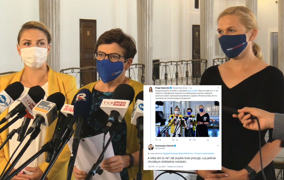 Posłanki KO: Kinga Gajewska, Krystyna Szumilas i Barbara Nowacka / autor: Twitter/Platforma NEWS; Twitter/Przemysław Czarnek