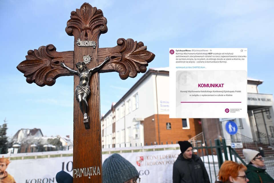 Skandal w Kielnie. KEP wzywa instytucje państwowe do obrony krzyża i wartości. "Niech to bolesne doświadczenie nas nie dzieli, ale uczy". Na zdjęciu protest przed szkołą w Kielnie oraz wpis EpiskopatNews (screen z X) / autor: PAP/Andrzej Jackowski/X-EpiskopatNews (screen)