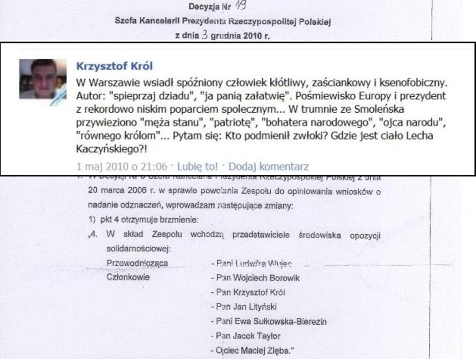 Fragment wpisu Krzysztofa Króla na facebooku, w tle pismo powołujące go do zespołu opiniowania odznaczeń. Fot. wPolityce.pl