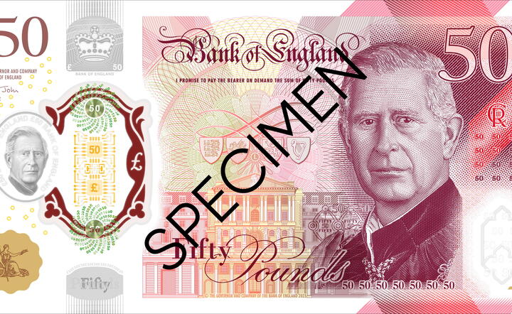 banknot 50 funtów Banku Anglii z wizerunkiem Karola III / autor: fotoserwis PAP