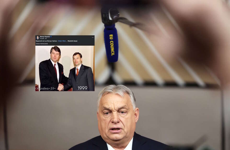 Na zdjęciu premier Węgier Viktor Orban oraz wpis Wiktora Janukowycza (screen z X) / autor: PAP/EPA/Fb-Віктор Ющенко (screen)