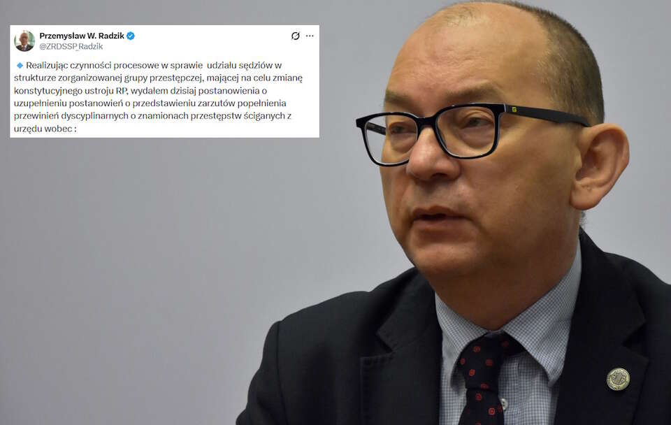 Sędzia Przemysław Radzik ZRDSSP przedstawi zarzty dyscyplinarne dwojgu sędziom z Warszawy za udział strukturze zorganizowanej grupy przestępczej, mającej na celu zmianę konstytucyjnego ustroju RP.  / autor: Fratria/X