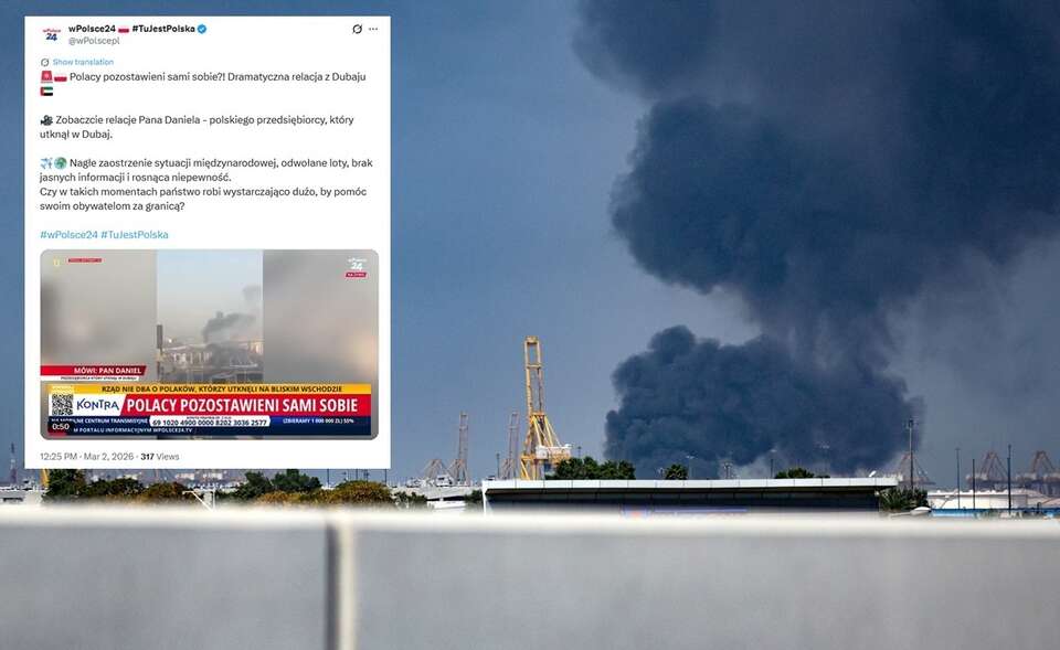 Port Jebel Ali po uderzeniu odłamków irańskiego pocisku przechwyconego w Dubaju / autor: PAP/EPA/STRINGER