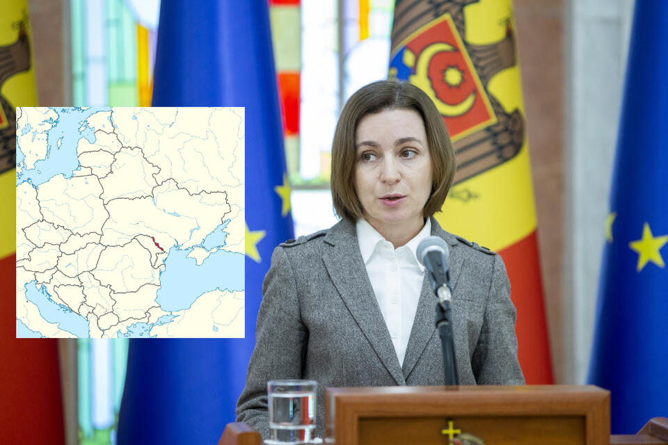 Prezydent Mołdawii Maia Sandu i mapka z zaznaczonym na czerwono Naddniestrzem.