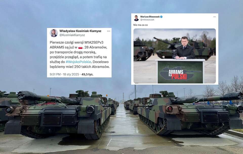 Pierwsze czołgi wersji M1A2SEPv3 ABRAMS w Polsce, fot. z wpisu szefa MON, wicepremiera Władysława Kosiniaka-Kamysza na platformie X / autor: X/Władysław Kosiniak-Kamysz/Mariusz Błaszczak