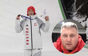 Na zdjęciu Kacper Tomasiak (brąz), podczas dekoracji po konkursie skoków narciarskich na dużej skoczni w Predazzo; w miniaturze prezes PKOl podczas łączenia z Telewizją wPolsce24 / autor: PAP/Grzegorz Momot, Telewizja wPolsce24