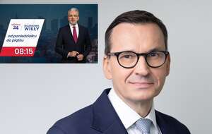 Były premier Mateusz Morawiecki. W miniaturze - plansza z zapowiedzią programu "Rozmowa Wikły" i zdjęciem dziennikarza / autor: Fratria/wPolsce24